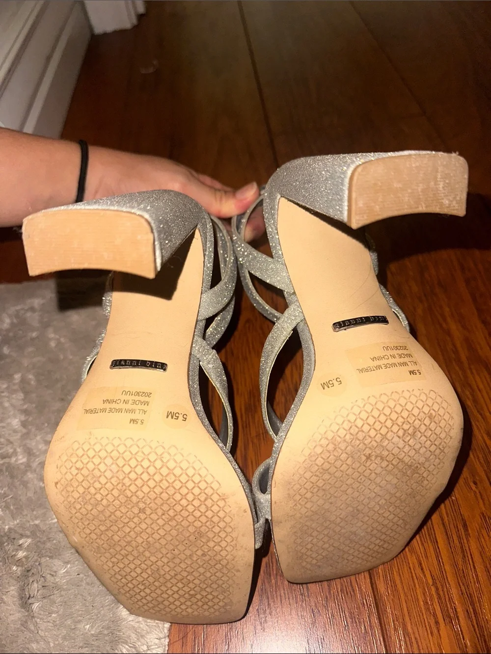 Gianni Bini Silver Glitter Strappy Block Heel Sandals with Crystal Accent
